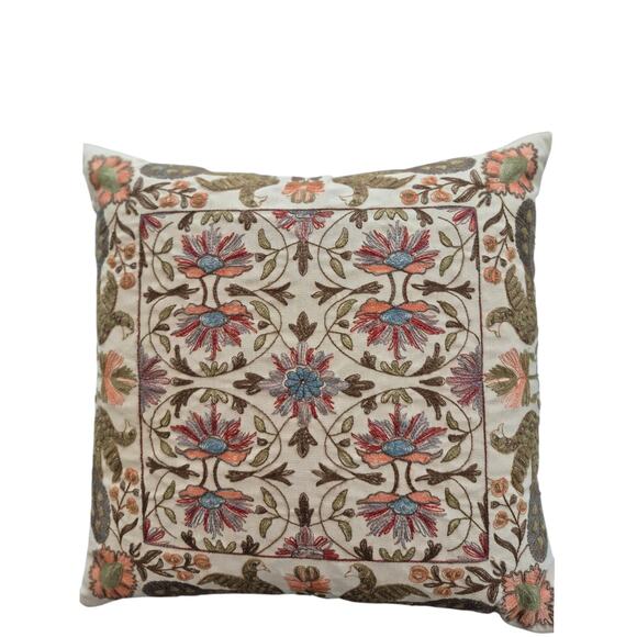 Vintage Embroidery Pottery Barn Throw Pillow 2011 Natural Moss Green Blue Red - Picture 10 of 10